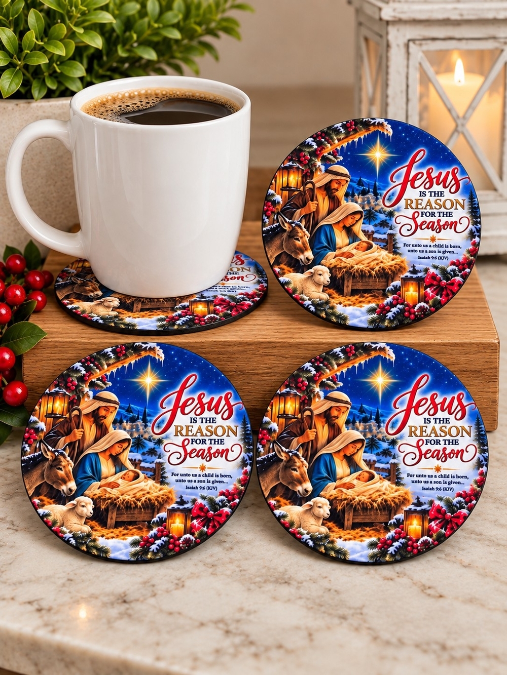 Handcrafted Jesus Is the Reason Holiday Coaster Set (4) - Blue Nativity Design